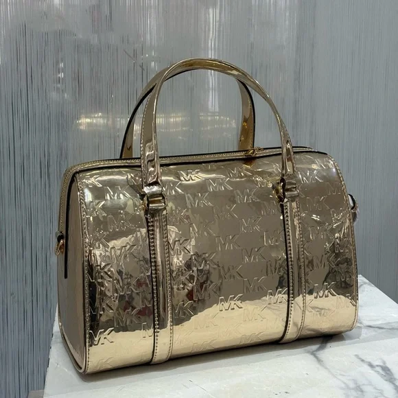 NWT Michael Kors Jet Set Women Medium Metallic Logo Debossed Satchel Bag - Picture 3 of 9